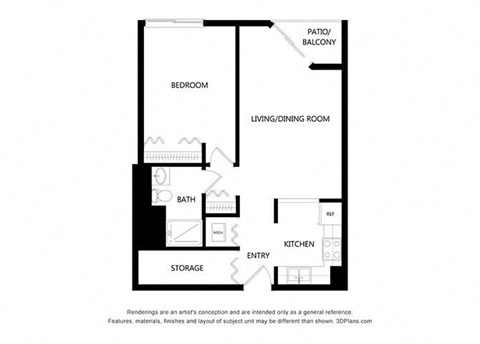 Floor plan for 1 bed, 1 bath, 616 sqft